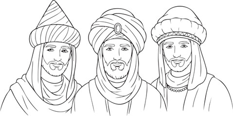 Three Wise Men Line Art Illustration, Biblical Magi Characters Outline Drawing