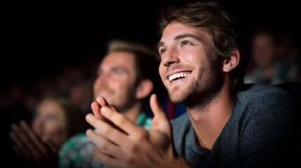 Obraz premium applause. A person clapping with happiness against a softly blurred auditorium background. wellbeing guides, coaching materials, designed for mental health education and mindfulness programs. 