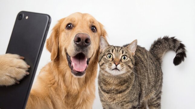 Happy dog and cat taking selfie together with smartphone