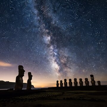 Ancient stone guardians rise against a celestial canvas, with the majestic Milky Way illuminating the mystical night sky above a remote and historic island landscape