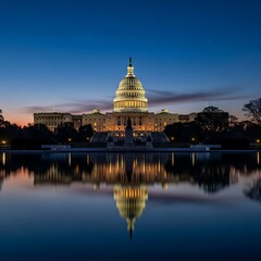 The Grand United States Capitol Bathed in the Soft Hues of Evening, its Iconic Architecture Gracefully Reflected in Still Waters, Symbolizing National Heritage
