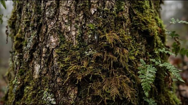 Moss and fern growing on rough tree bark in green forest close up showing natural texture and plant details in calm outdoor nature environment with woodland growth