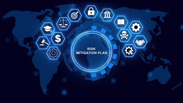 Animated conceptual illustration of risk mitigation plan ,performance metrics, and business insights from large data sets ,network , business ,technology concept with digital world map background.