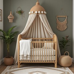 라탄 아기 침대, 캐노피, 자연스러운 장식이 있는 스타일리시한 보호 아기 침대