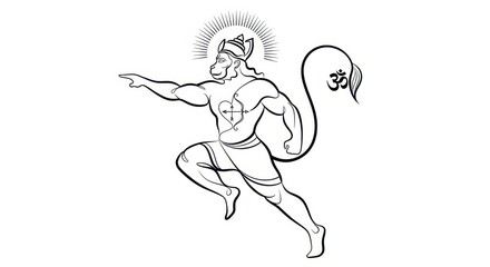 Obraz premium Dynamic Hanuman line art with Om symbol, Hindu deity illustration