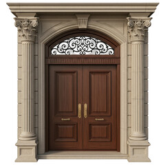 An ornate wooden door with intricate carvings and a decorative transom window