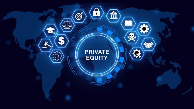 Business, Technology, Internet and network concept. Young businessman shows the word on the digital world map background of the future: private equity 