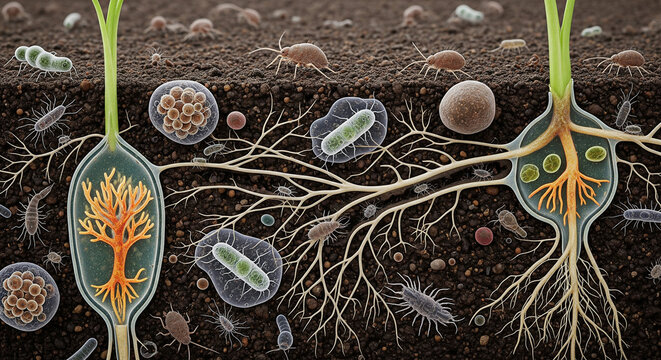 A microscopic 3D visualization of diverse, glowing soil microbes like bacilli and fungi interacting with a vibrant plant root