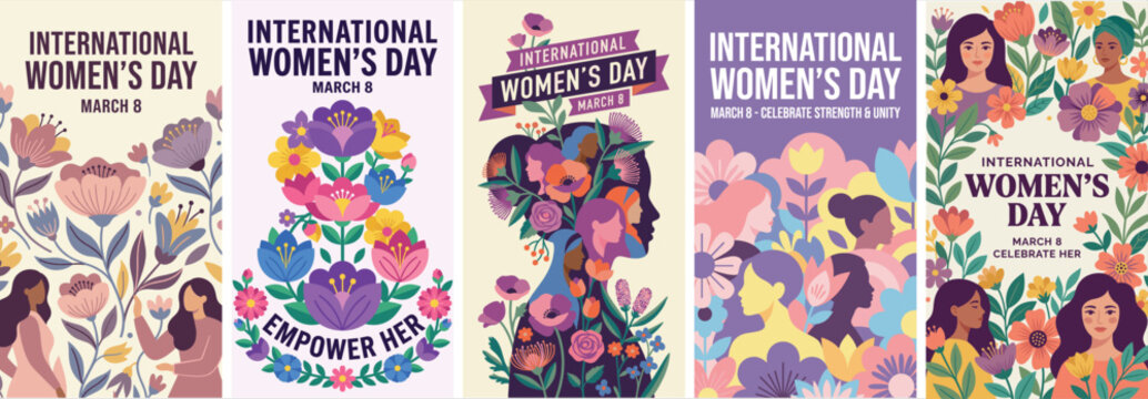 Vector set of International Women's Day characters with colorful floral patterns. Vibrant empowerment theme featuring female silhouettes and blooms. Poster design for March 8 celebration