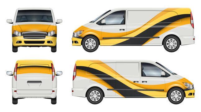 Delivery minivan wrap vector mockup shown from side, front, rear view. Perfect for corporate identity, vehicle branding and design concepts. All elements in the groups are in separate layers
