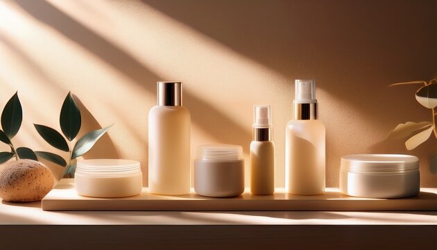 minimalist cosmetic products arranged with soft shadows and warm lighting