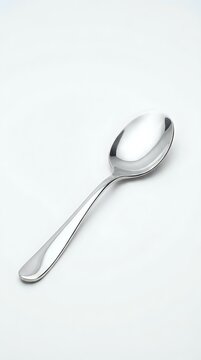 Single stainless steel tablespoon isolated on white background for kitchen utensil design and culinary branding projects.
