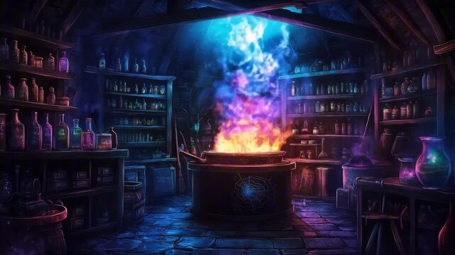 Witch&rsquo;s potion room filled with bubbling cauldrons, shelves of spell books, potion bottles, and eerie orange lighting, magical and spooky	
