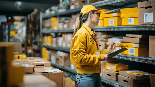 Medium shot of a delivery worker updating a digital customer notification system to alert clients via app about their mail arrival at a sorting facility.