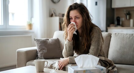 Young brunette woman with long wavy hair drinking hot tea while feeling unwell, sitting on couch at home with tissues nearby during cold or flu recovery.