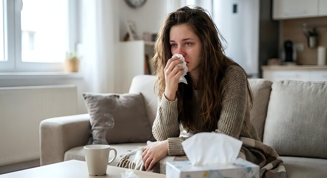Young brunette woman with long wavy hair drinking hot tea while feeling unwell, sitting on couch at home with tissues nearby during cold or flu recovery.