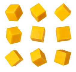 Obraz na płótnie Canvas Floating cheddar cheese cubes on transparent background