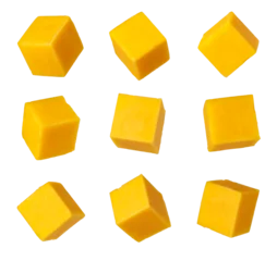 Fototapete Rund Zu Essen Floating cheddar cheese cubes on transparent background  © Gresei