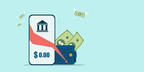 Flat design showing a mobile banking app with $0.00 balance, a downward red arrow, and cash with wings flying out of a wallet, representing debt, bankruptcy, or overspending.