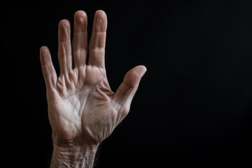 Fototapeta premium Senior hand showing wrinkled skin against a black backdrop, symbolizing aging and time