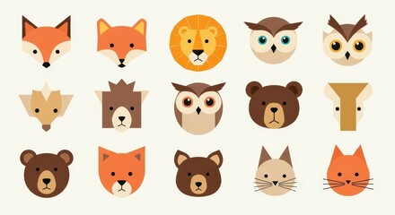 Obraz premium Assortment of stylized wild and domestic mammal and bird faces displayed in a grid arrangement