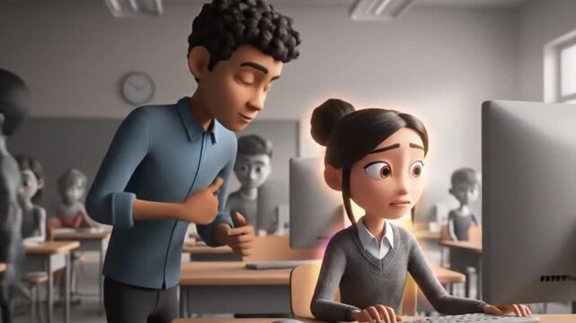 A girl is sitting at a computer in a classroom. She is wearing a ponytail and is looking at the computer screen. There are other students in the room, some of whom are also using computers