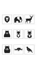 Obraz premium Collection of nine minimalist black and white graphic icons depicting various wild animals