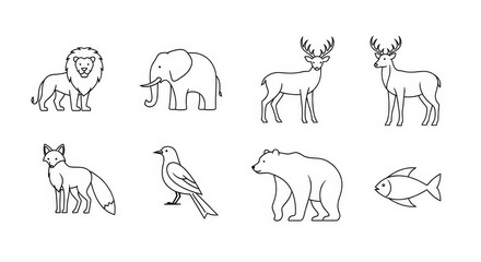Obraz premium Collection of simple line art illustrations depicting various wild animals