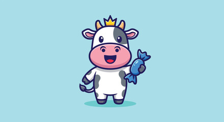 Obraz premium Cute Cow Wearing Crown Holding Candy Illustration.