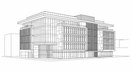 Modern Architectural Building Drawing: Blueprint Sketch of a Contemporary Office Structure