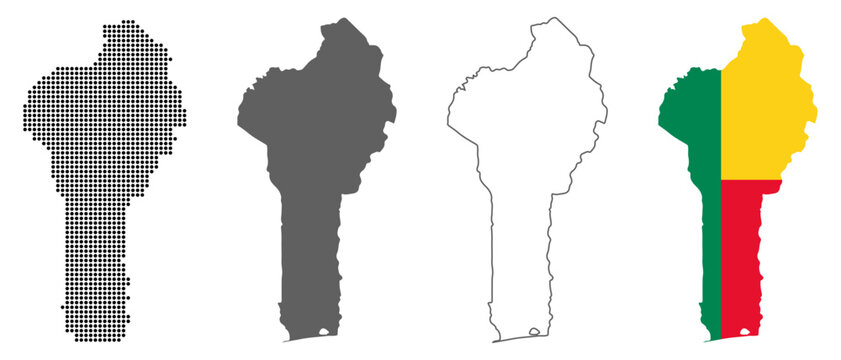 Benin map set with dotted solid outline and flag style vector illustration