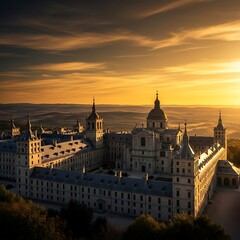 Fototapeta premium Majestic historical palace complex bathed in the golden glow of a breathtaking sunset over a vast, serene landscape, showcasing architectural grandeur and timeless beauty