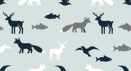 Obraz premium Repeating pattern design features stylized silhouettes of woodland creatures and aquatic life on a pale blue background