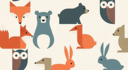 Obraz premium Assortment of stylized woodland creature icons arranged in a repeating pattern