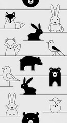 Obraz premium Simple black and white graphic illustrations of various forest animals are arranged on horizontal lines