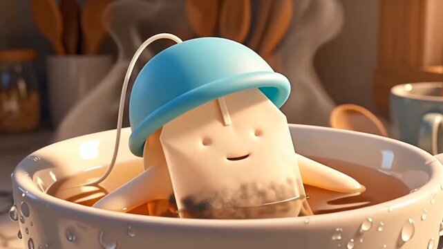 Funny surreal tea bag character relaxing in hot tea cup like a spa