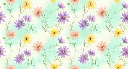 Watercolor floral seamless pattern with delicate purple, pink and yellow flowers on mint green background. Repeating botanical design for fabric, wallpaper.