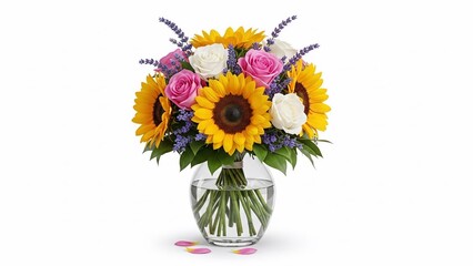 Naklejka premium Vibrant Sunflower Bouquet in Clear Glass Vase.