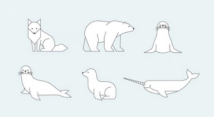 Obraz premium Set of six minimalist line art icons depicting various arctic wildlife animals
