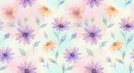 Fototapeta premium Watercolor floral seamless pattern with purple and peach flowers on light background. Delicate botanical design tiles perfectly for wallpaper and fabric.