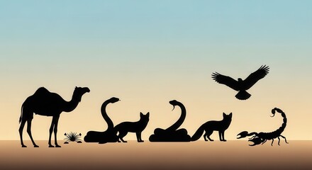 Obraz premium Silhouettes of various desert fauna stand across an arid landscape against a colored sky gradient.