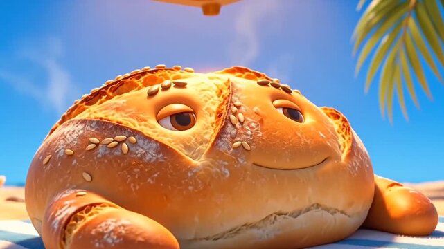 Surreal bread loaf character sunbathing on beach under toaster heater