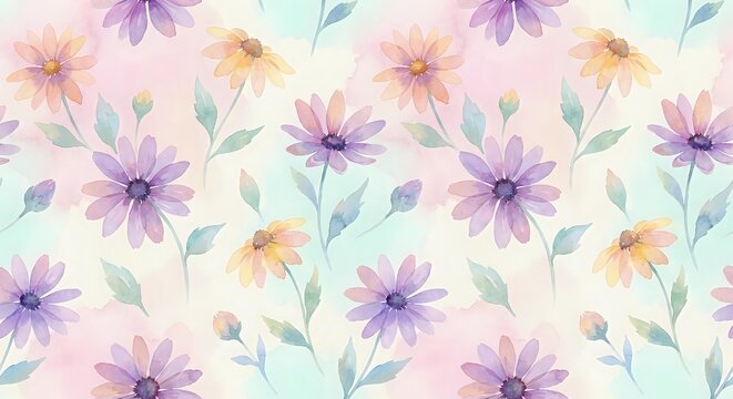 Watercolor floral seamless pattern with purple and peach flowers on light background. Delicate botanical design tiles perfectly for wallpaper and fabric.