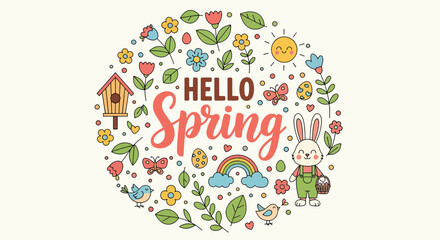 Hello Spring doodle illustration with cute bunny and floral elements. © NFS Studio