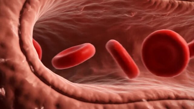 Red blood cells flowing through a vein in a slow-motion video capturing the intricate details of the circulatory system