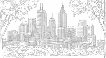 Fototapeta premium City Skyline Sketch Illustration with Modern Buildings and Urban Trees