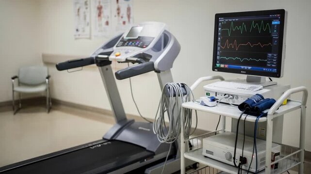 Medium shot of a treadmill in an outpatient cardiac testing area with focused monitoring equipment and blurred background highlighting stress test setup.
