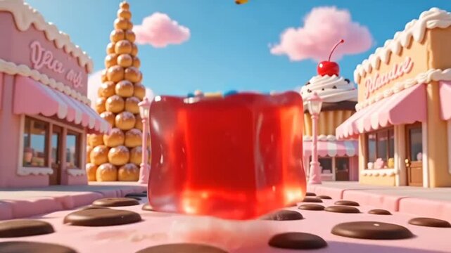 Surreal red jelly cube bouncing through fantasy candy land city street