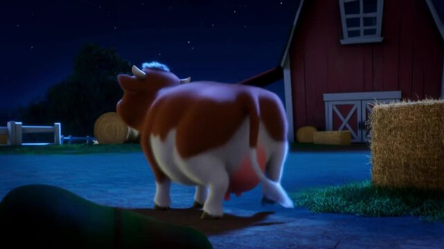 A small cow is standing in front of a barn at night. The barn is red and has hay inside. The cow is looking at the camera, and the scene has a calm and peaceful mood