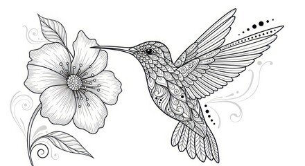 Obraz premium Hummingbird and Flower Zentangle Style Line Art Illustration